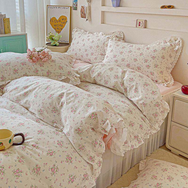 韩式少女心蕾丝花边纯棉粉色小碎花床裙四件套1.5m1.8米被套床