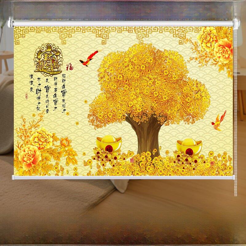 客厅新中式山水花鸟图窗帘全遮光卷拉式遮挡帘防晒隔热卷帘定制款