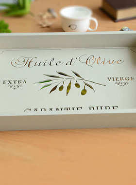 法式乡村复古米灰色木制托盘镂空树叶法文字母托盘酒盘餐盘CG006