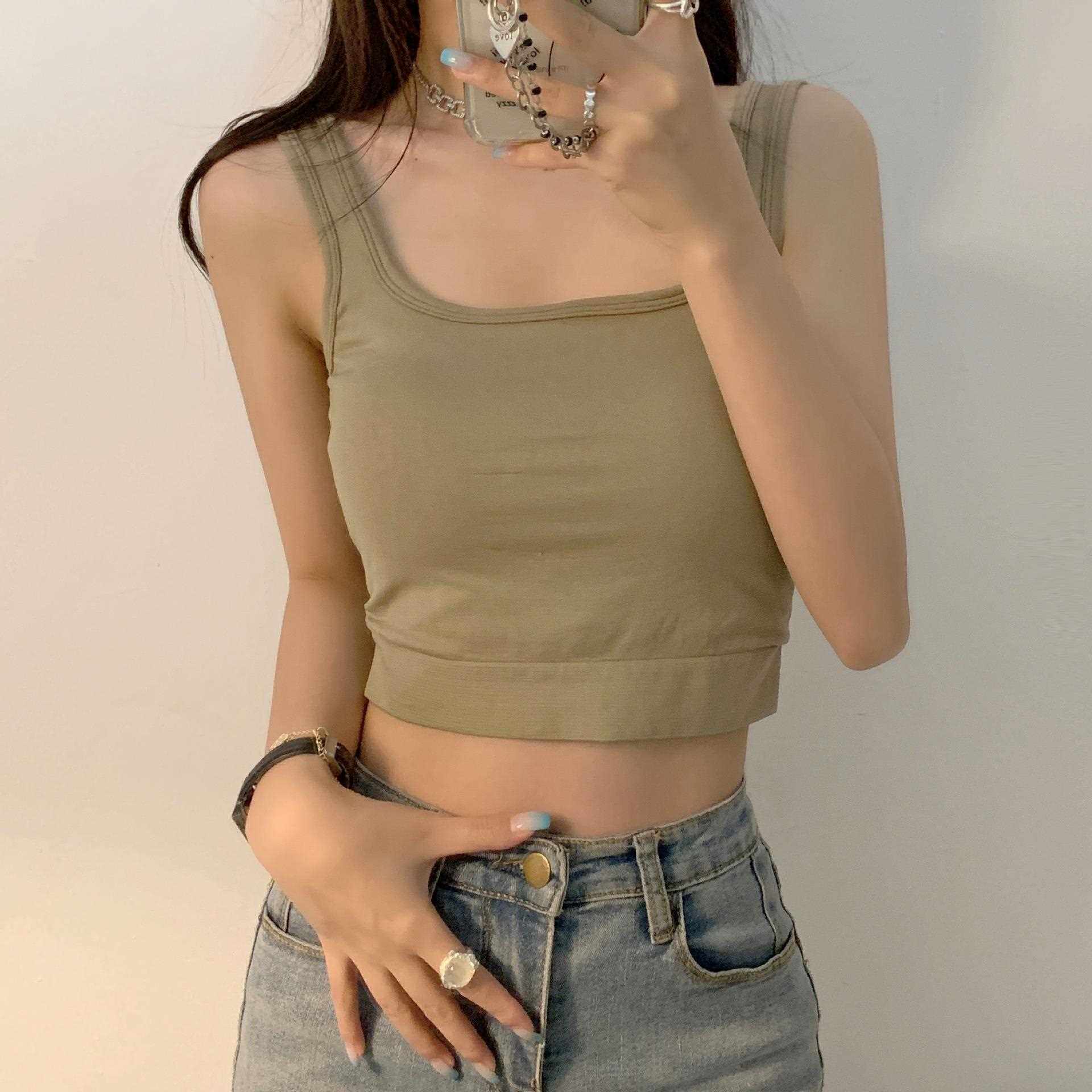 新款直销宽肩带吊带背心女夏外穿修身显瘦百搭带胸垫运动内衣抹胸