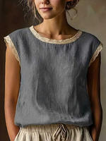 Women'S Vintage Linen Short Sleeve Top Lace Patchwork Round thumbnail 5