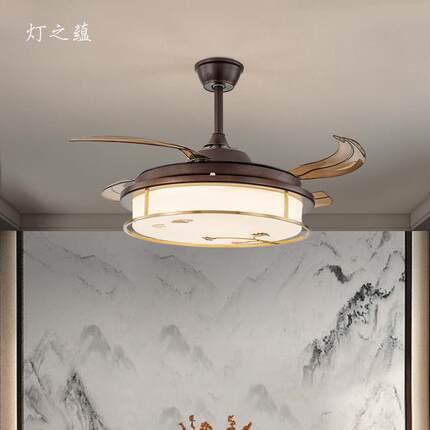 新款直销新中式餐厅风扇灯吊扇灯全铜简约实木设计师卧室家用变频