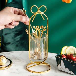 创意可爱小奢华果签叉勺收纳罐 北欧ins轻奢家用不锈钢水果叉套装