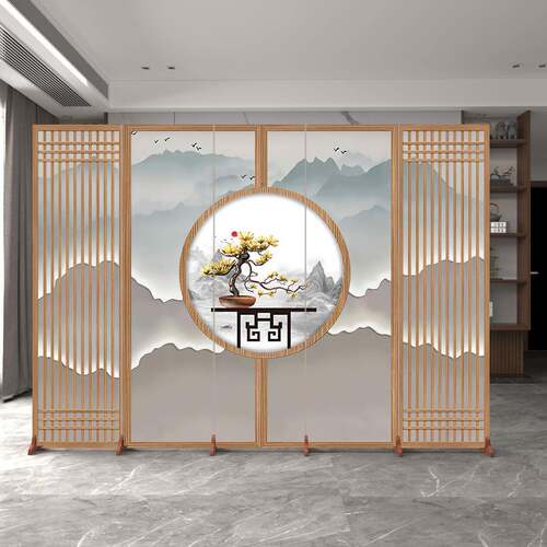 玄新中式国风仿折古屏985风隔断办公室家用室客厅关移动推拉叠折