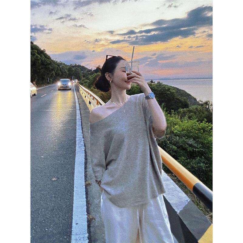 WFYO/针织一字领斜肩灰色短袖T恤女夏新松弛感宽松显瘦防晒衫上衣