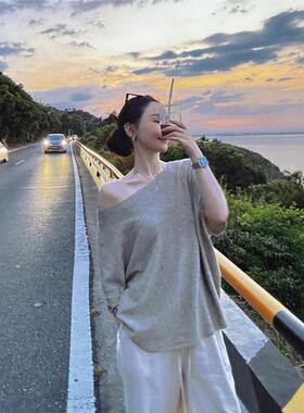 WFYO/针织一字领斜肩灰色短袖T恤女夏新松弛感宽松显瘦防晒衫上衣