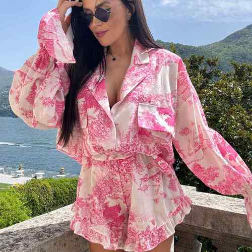 Women ' s All Over Print Top & Shorts Two - piece Set ,