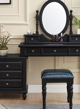 美式实木妆台黑色复THD古化桌卧室中古梳风柜化妆台收妆纳一体化