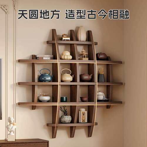 墙上博古架实木中式茶具摆架展示架壁挂式紫砂壶放置架挂墙茶杯架