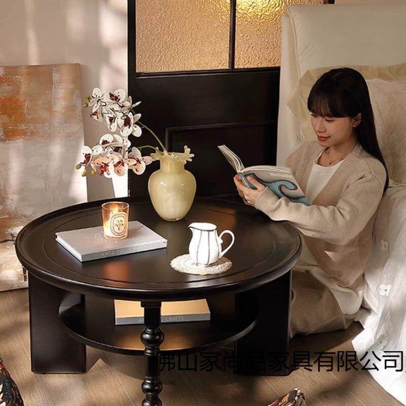 法式新款实木美QT茶几圆形茶桌小户中式小桌子古风家型用客厅式复