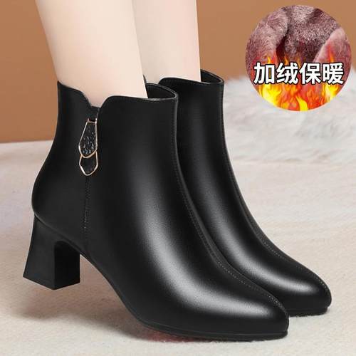 高档妈妈底短靴季高跟粗跟小个子女鞋子百棕色加绒棉软搭鞋冬中年