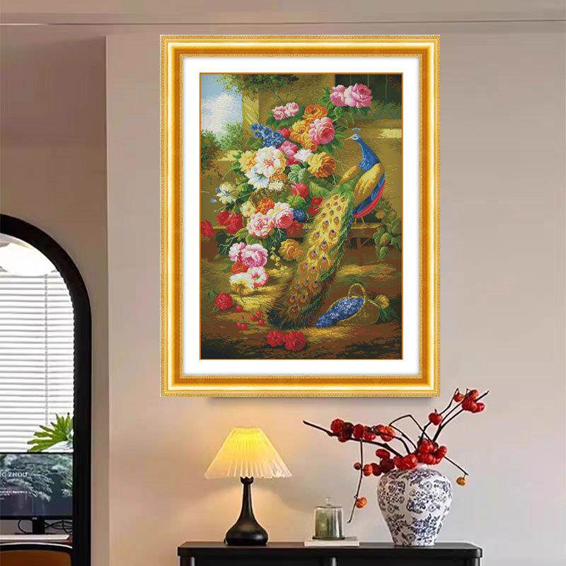 富贵荣华十字绣孔雀2025新款花开富贵牡丹花客厅玄关竖版手工线绣