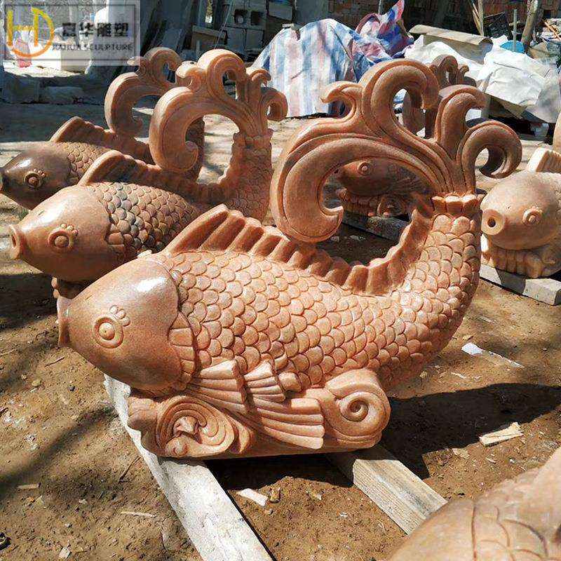 石雕喷水鱼晚霞红鲤鱼欧式喷泉装饰户外吐水小鱼喷水摆件