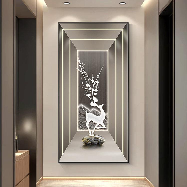 轻奢玄关装饰画福鹿空间延伸抽象走廊尽头壁画大气过道背景墙挂画
