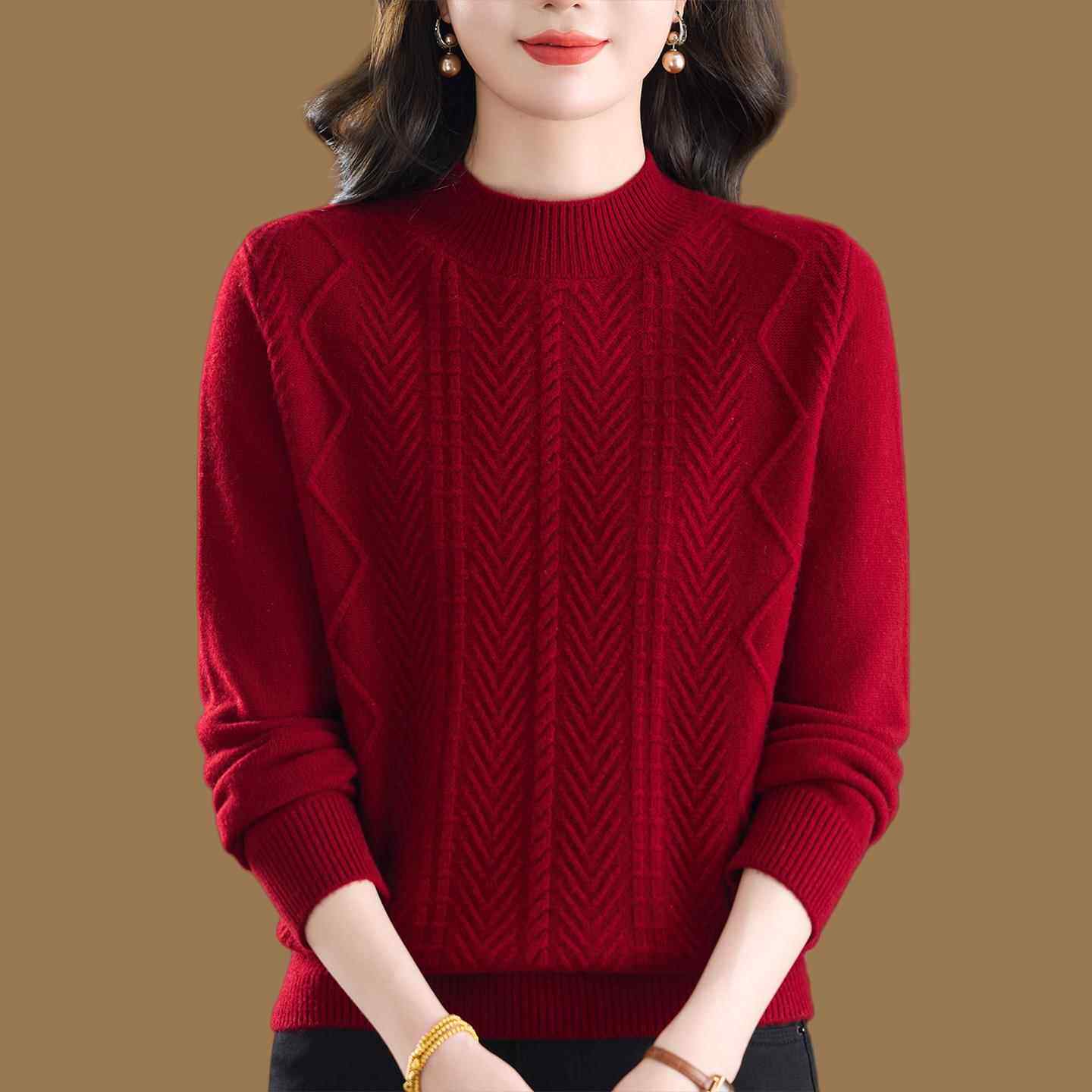 鄂尔多斯市红色半高领100%纯羊绒衫女妈妈加厚保暖麻花纹打底毛衣