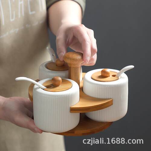 厨房陶瓷调味罐调味盒纯白色用调料收品纳瓶带木盖木架配竹木调味
