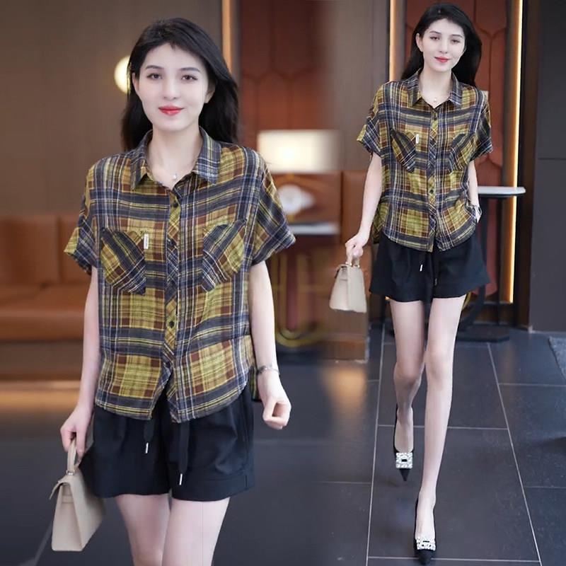 好货时尚洋气天丝棉格子衬衫女宽松遮肚子显瘦短袖衬衣百搭格纹上