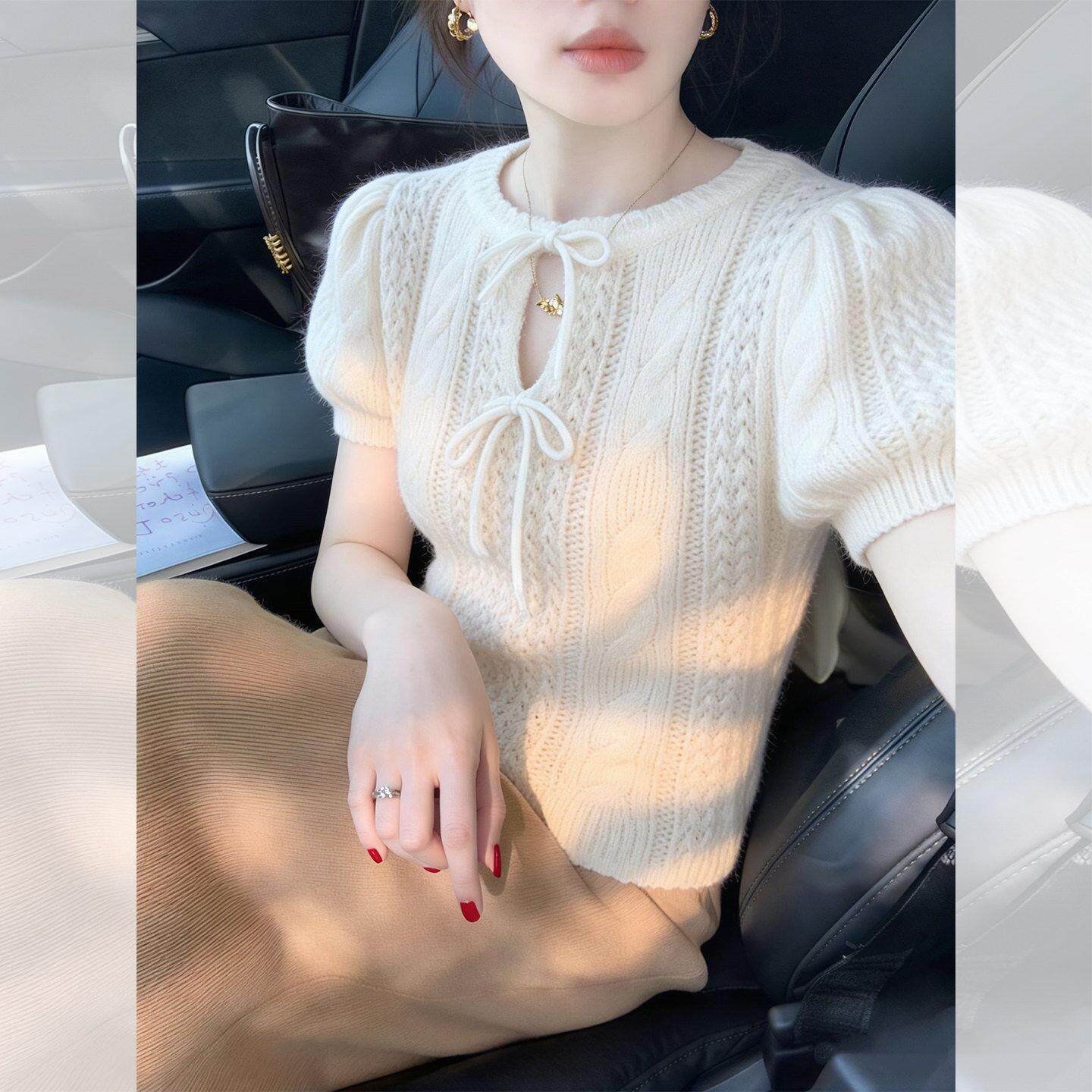 奶白色蝴蝶结系带镂空针织短袖T恤女2026春秋法式小资温柔风上衣