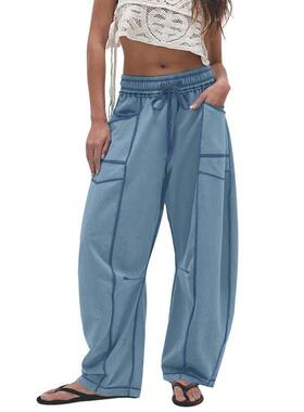 Womens Baggy Barrel Pants Wide Leg Lounge Drawstring F