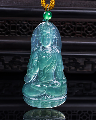天然真品翡翠冰蓝水天空蓝高端精品玉石闪拍正装观音玉吊坠17.36g