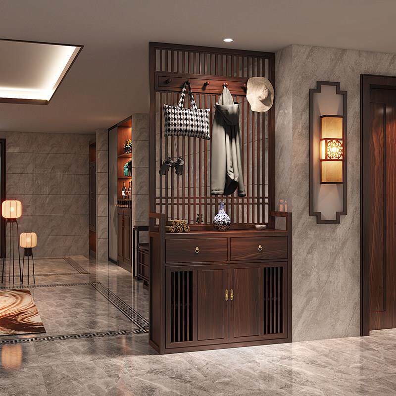 新中式入户玄关置物架挂衣现代简约定制实木鞋柜屏风隔断客厅门口