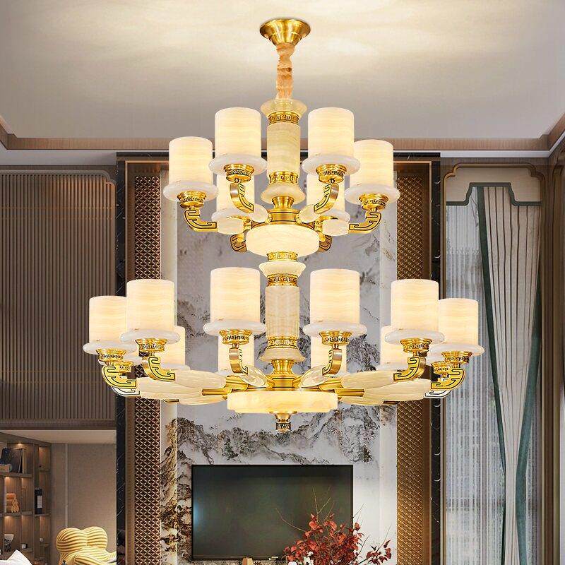 新中式全铜覆式楼客厅大吊灯玉石灯高档铜灯别墅大厅楼中楼梯灯具