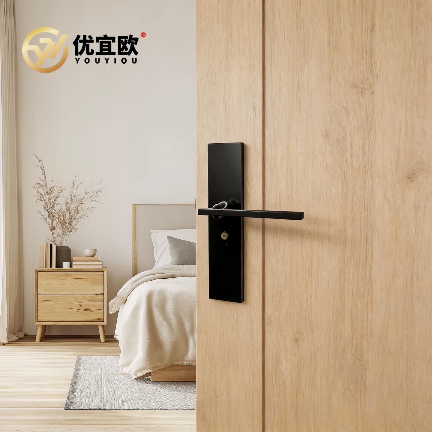 黑色卧室门锁通用型室内专用静音磁吸锁芯家用房间门把手整套锁具