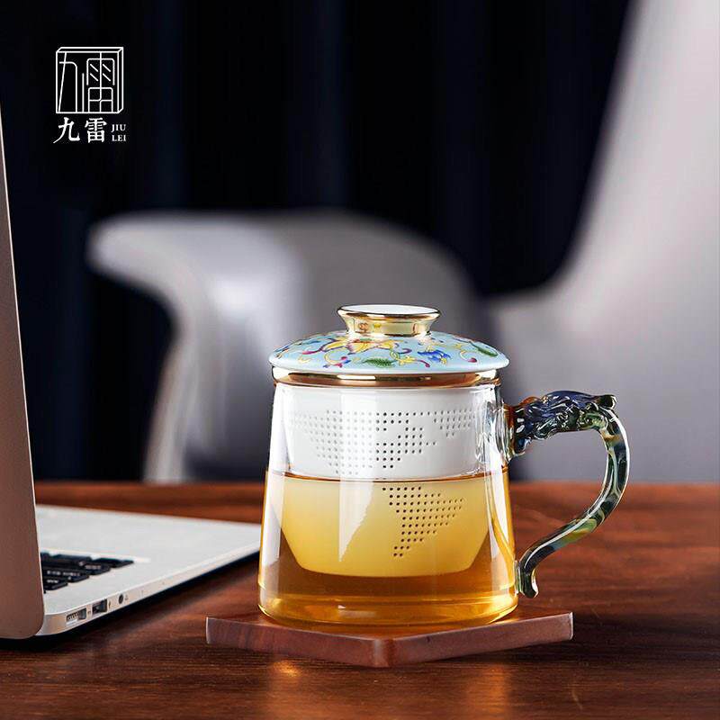 九雷宫廷风珐瑯彩耐热茶杯泡茶玻璃杯过滤茶水分离陶瓷内胆龙手把