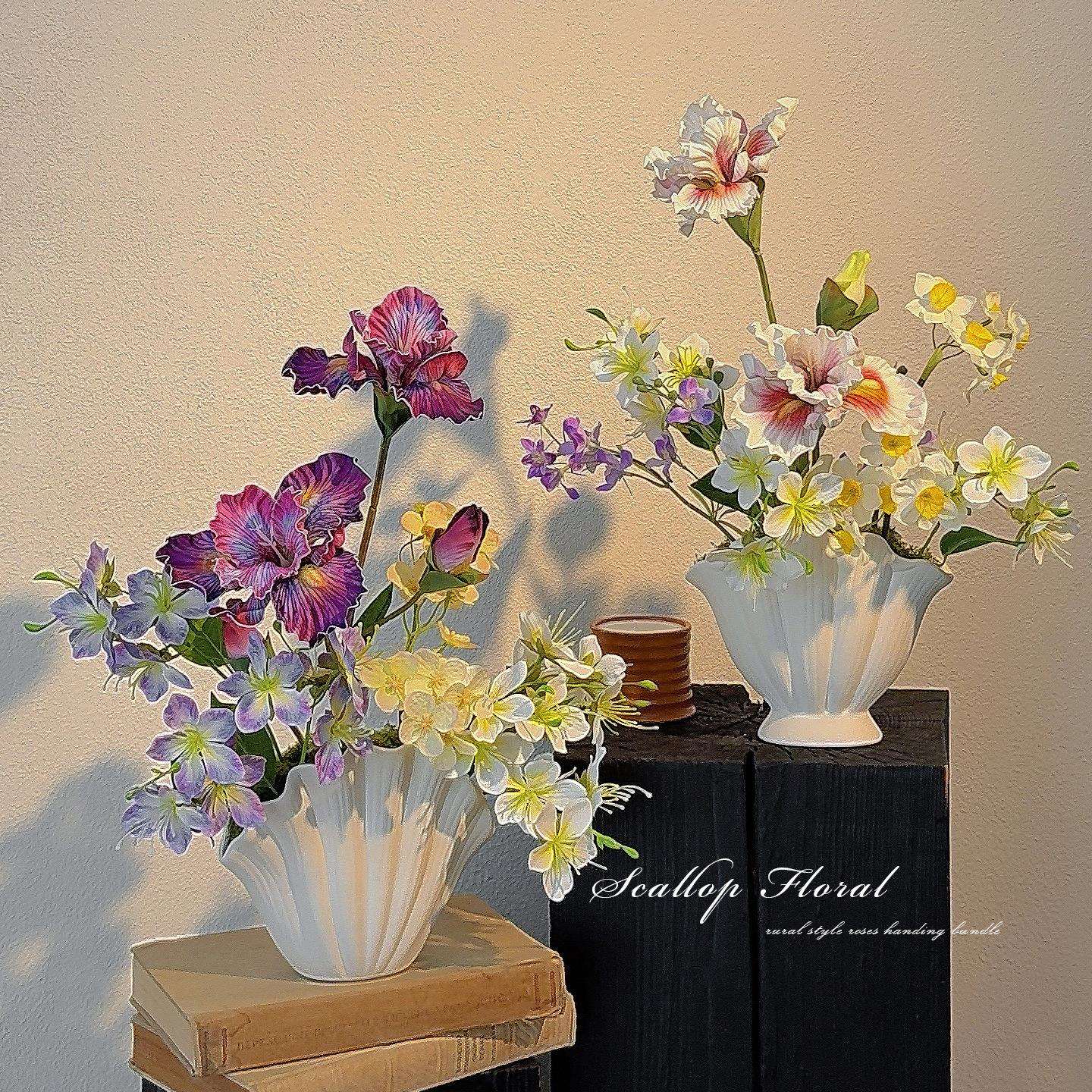 奶油陶瓷贝壳花瓶仿真花客厅假花装饰花艺餐桌插花摆件婚礼堂布置