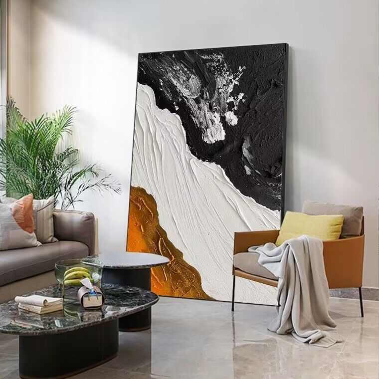 手绘油画黑白海浪厚肌理玄关装饰画抽象简约客厅走廊落地画