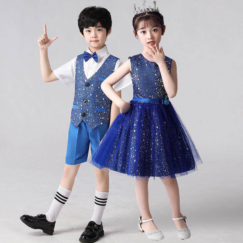 小学生蓝色公主裙合唱演出服幼儿园舞蹈服男女儿童歌唱祖国表演服