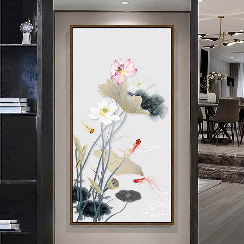 纯手绘油画新中式玄关装饰画客厅入户竖版走廊过道挂画壁画荷花鱼图片