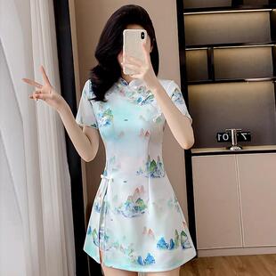 新款新中式气质国风套装裙新中式改良旗袍盘扣连衣裙短裤两件