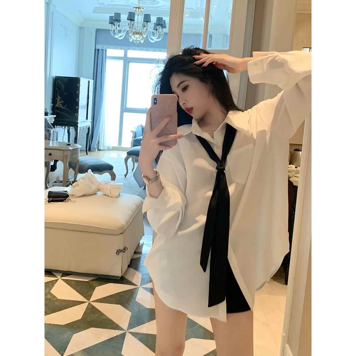 法式薄款白色翻领上衣女春夏领带纯欲风秋季雪纺休闲宽松防晒衬衫