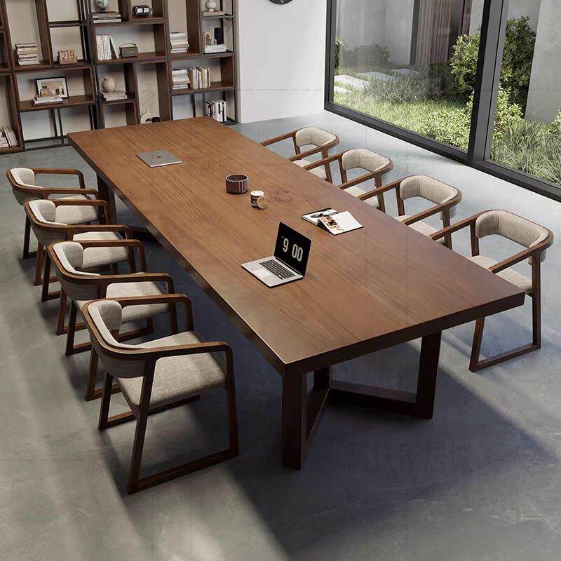 简约现代实木会议桌带插座会客接待桌椅组合阅览室原木大板工作台