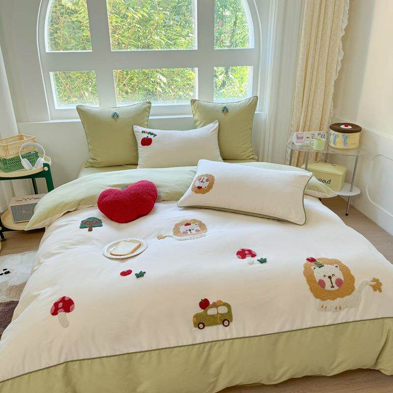 秋冬少女心全棉磨毛加厚四件套毛巾刺绣床单纯棉被套女生床上用品