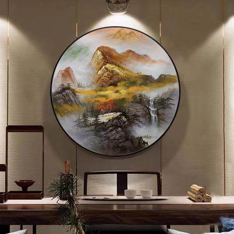手绘油画新中式山水画客厅装饰画 简约餐厅圆形壁画 玄关柜台挂画