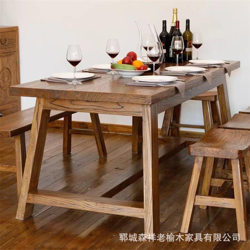复古老榆木餐桌现代原木家具长方形吃饭台中式客厅喝茶桌椅组合