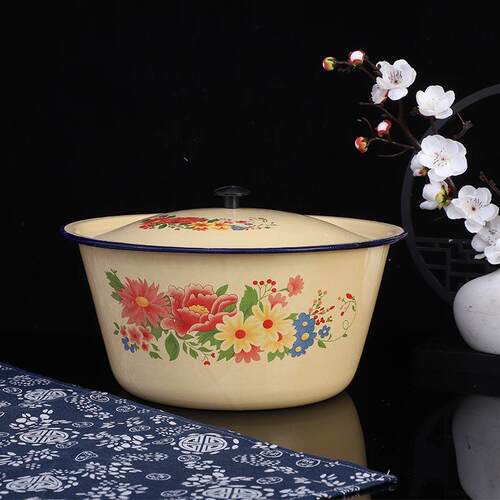 怀旧老式搪瓷盆带盖加厚家用厨房饺子馅料盆装荤油大容量猪油汤盆