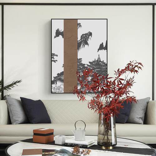 旧时楼榭 新中式黑白灰古建筑客厅装饰画玄关柜竖版挂画书房壁画