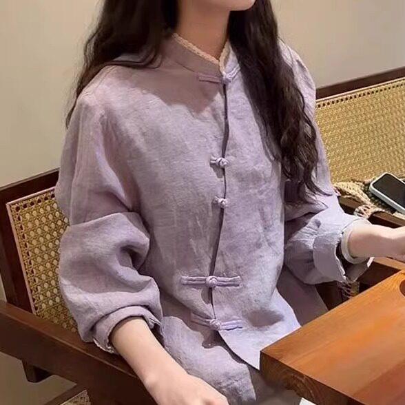 极速新中式轻国风紫色盘扣立领亚麻衬衫高级小众不撞款上衣2026春