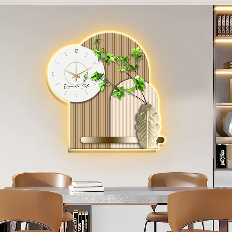 餐厅装饰画创意绿植钟表灯画发光壁画饭厅背景墙客厅挂钟挂画新款