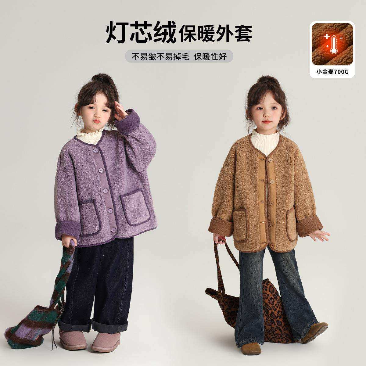 布丁哈鲁童装秋冬外套2024新款上市灯芯绒女童保暖外套羊羔毛外套