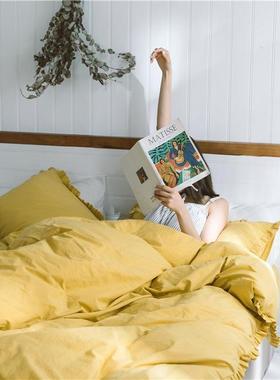 新叶品水洗棉色四件35710套棉素荷边别墅样板房单双人床上用纯品