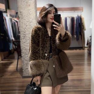新款 仿狐狸毛短款 韩国2025冬季 环保水貂毛女装 大衣豹纹V领设计