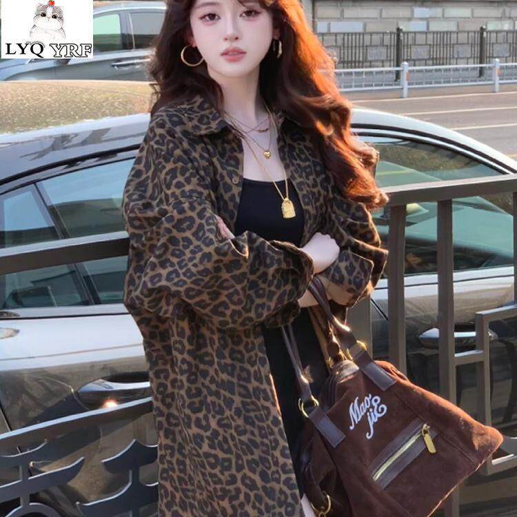 LYQ YRF豹纹长袖衬衫外套春秋季女款中长款宽松美式复古外搭上衣