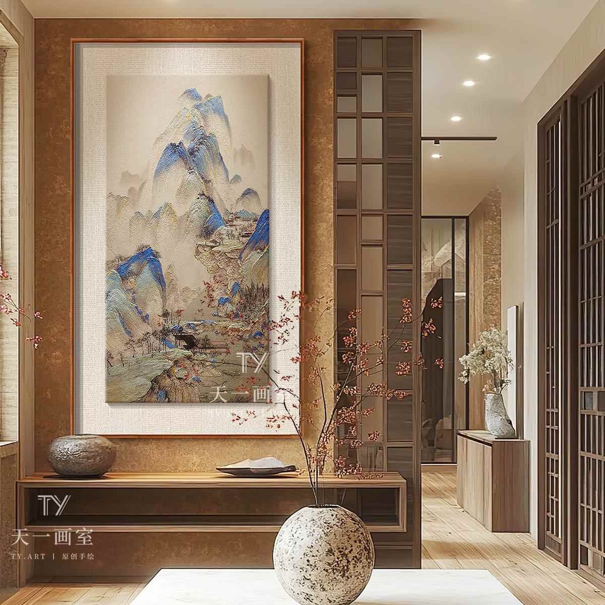 千里江山图肌理纯手绘油画新中式玄关装饰画立体浮雕砂岩客厅挂画图片