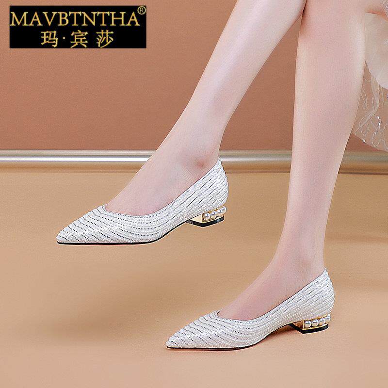 玛宾莎2025款春秋浅口单鞋女平底鞋子尖头鞋粗跟平跟水钻低跟大码