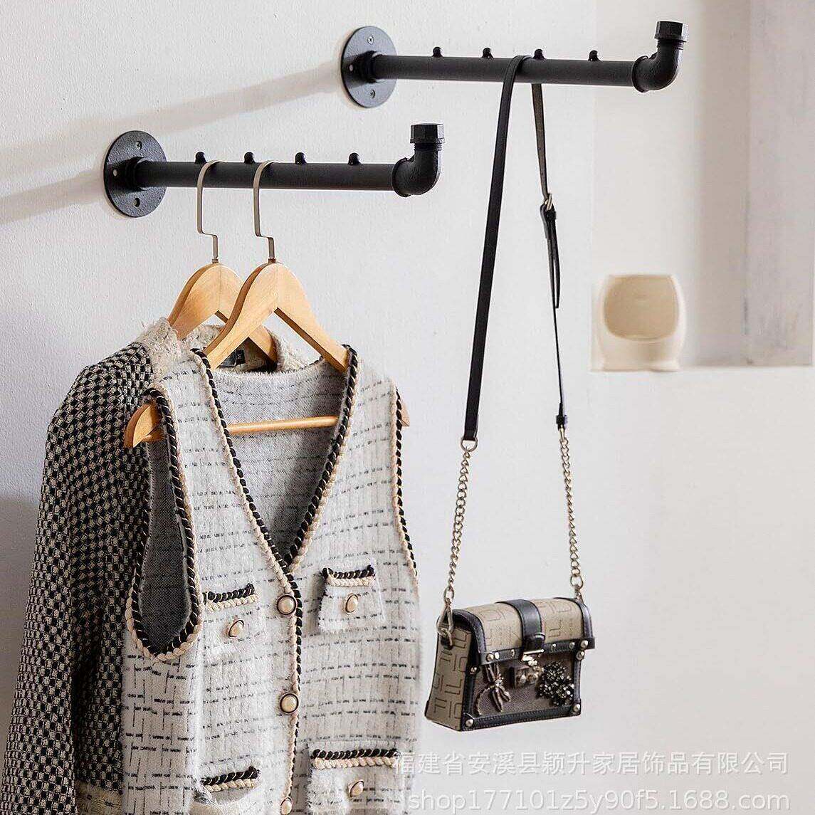 跨境工业风管道衣帽架服装店上墙服装展示架阳台晾衣杆拆装衣帽架