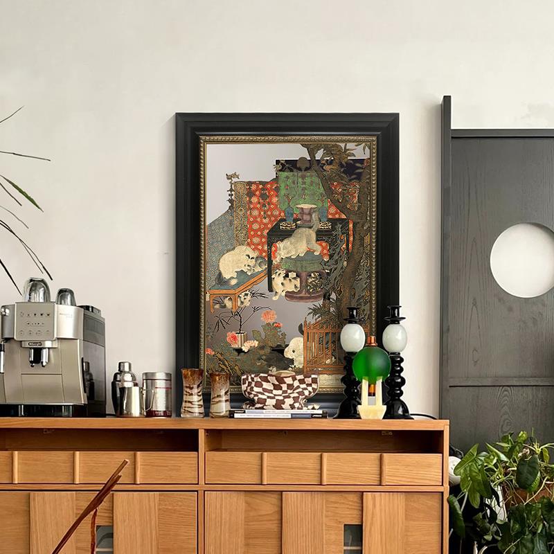 《戏猫图》法式中古风镜子装饰画中国风餐厅桌面摆画复古挂画